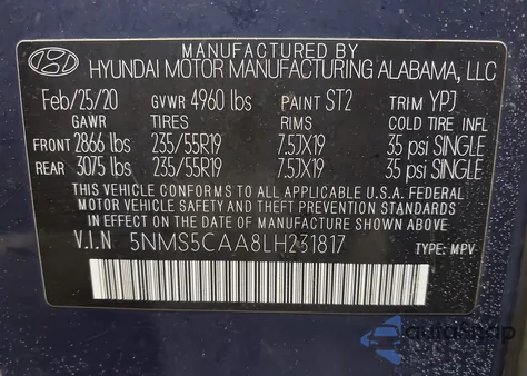 2020 Hyundai Santa Fe Limited 2.0T из США, поврежденный, VIN 5NMS5CAA8LH231817